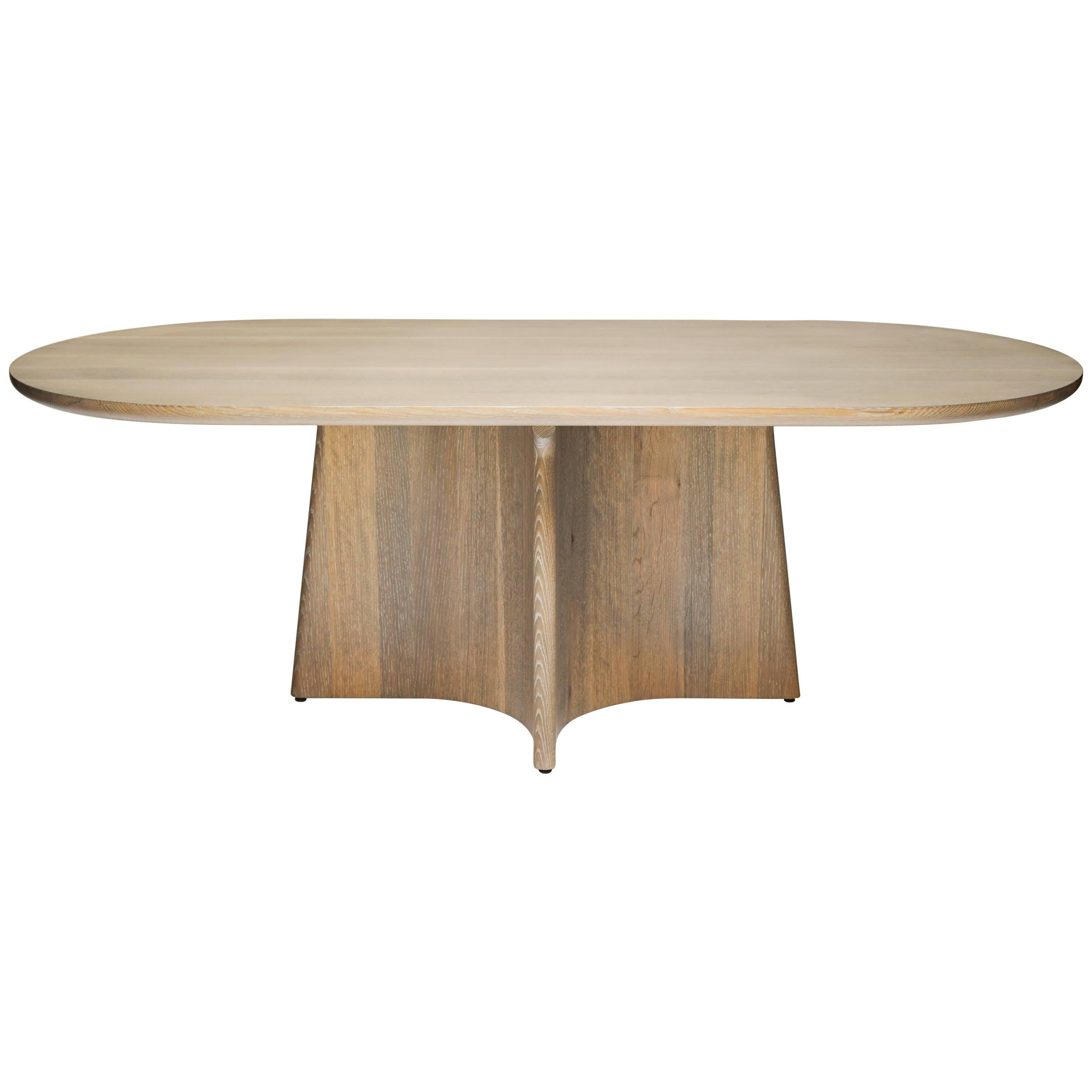 Button Racetrack Dining Table in Oxidized and Cerused Rift White Oak For Sale