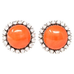Vintage Button Shape Sardinian Coral Clip-On Earrnigs with Diamonds in 18 Karat Gold