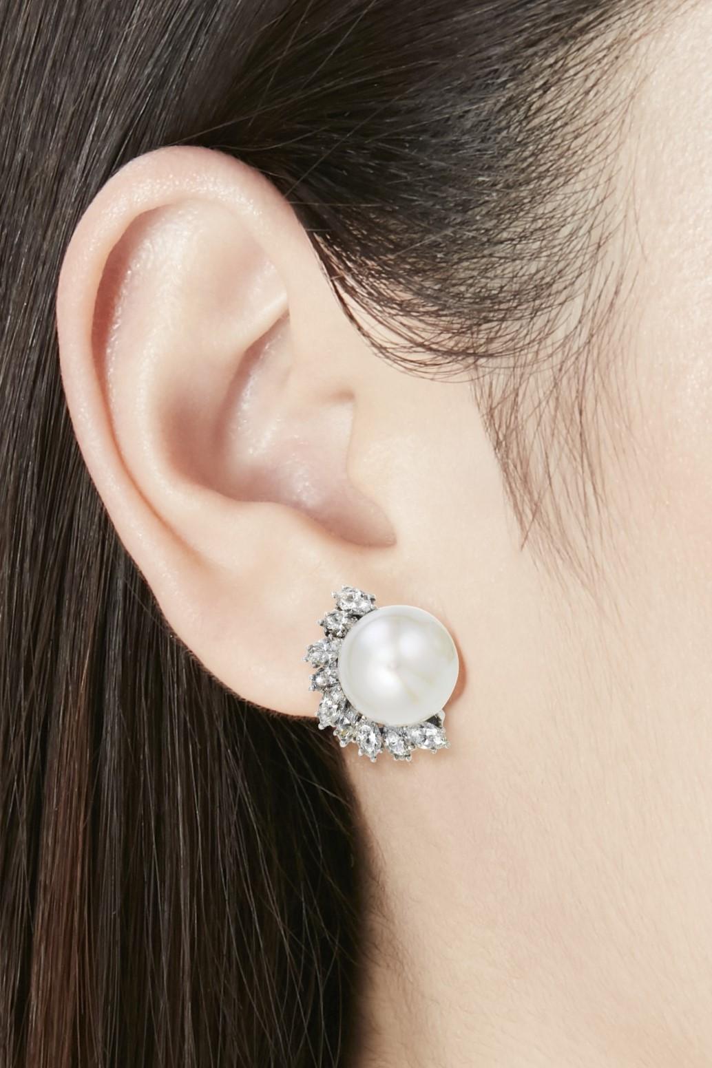 Marquise Cut Button-Shaped Cultured Pearl Diamond Platinum Earrings For Sale
