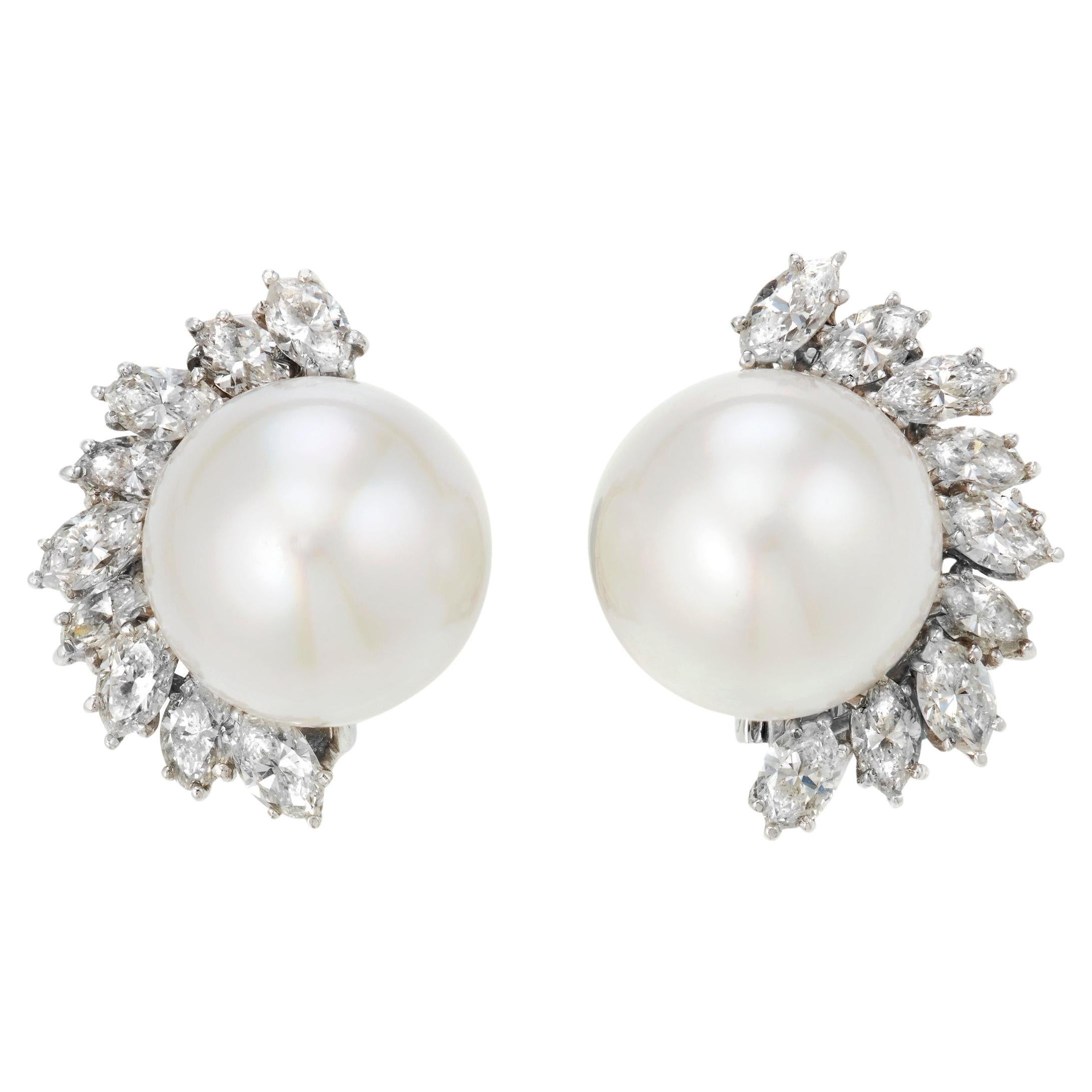 Button-Shaped Cultured Pearl Diamond Platinum Earrings For Sale