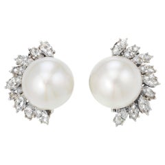 Button-Shaped Cultured Pearl Diamond Platinum Earrings