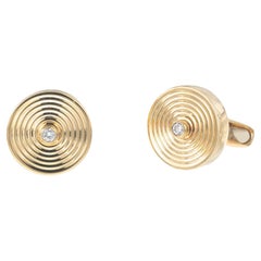 Vintage Button Style Italian Round Diamond Gold Mid Century Cufflinks