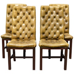 Button Tufted English Leather Dining Chairs, Set of 4