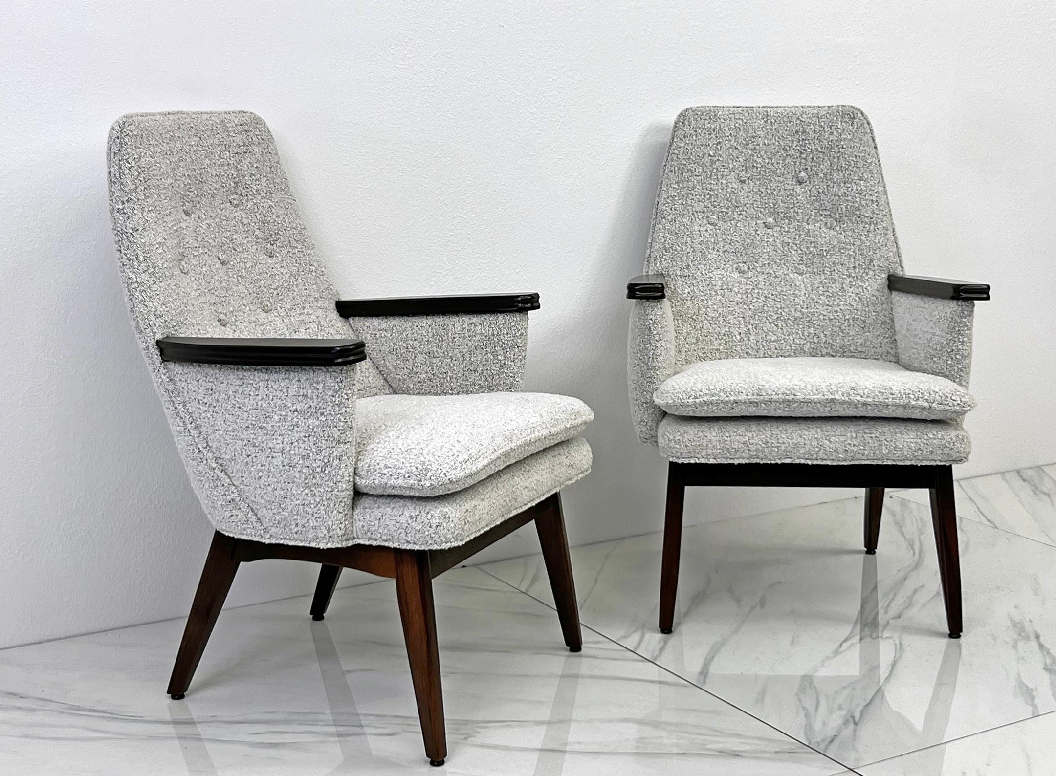 Button Tufted Mid Century Modern Lounge Chairs in Salt & Pepper Boucle Walnut For Sale 1