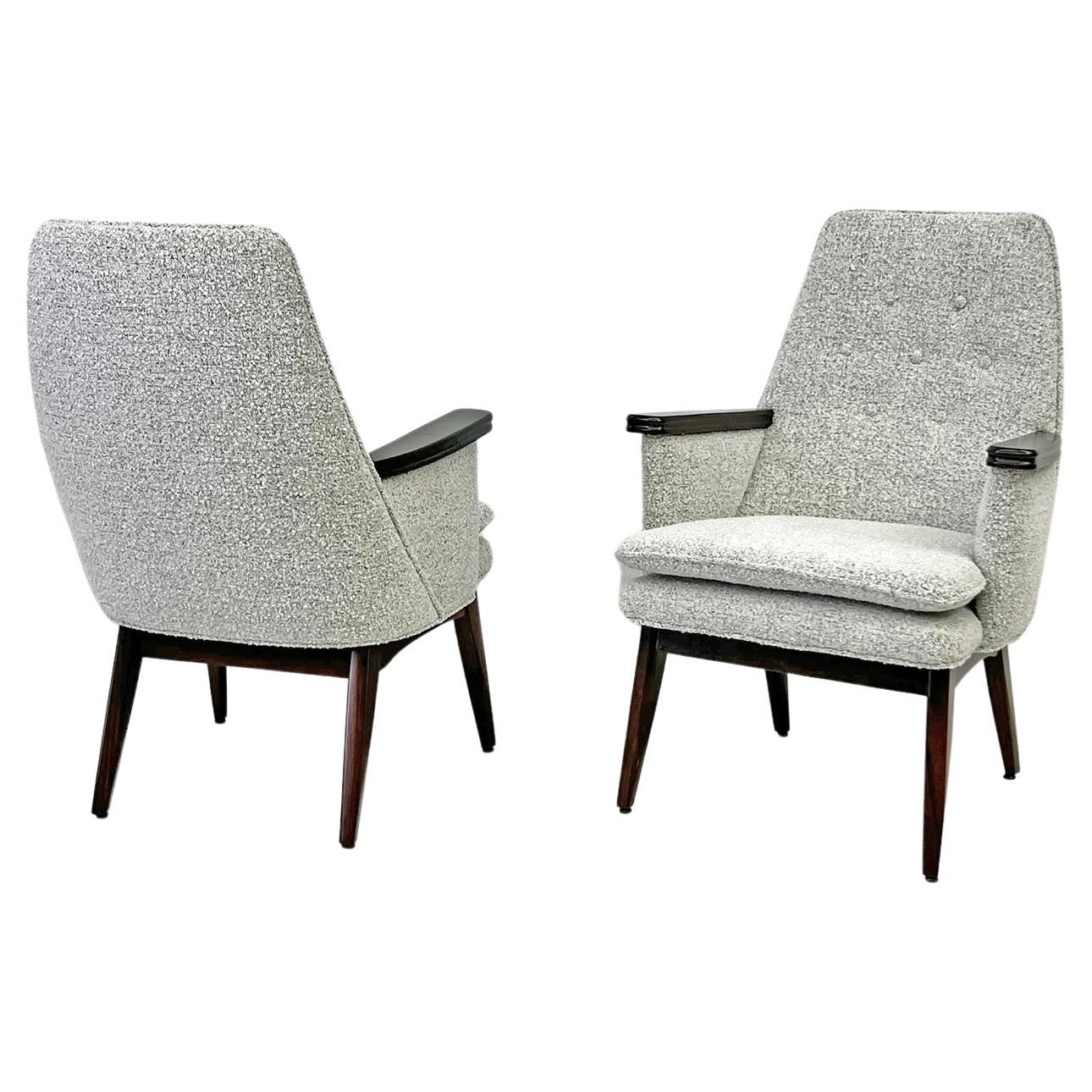 Button Tufted Mid Century Modern Lounge Chairs in Salt & Pepper Boucle Walnut