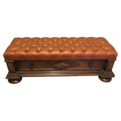 Buttoned Leather Window Seat, Hall Bench with Shoe Store