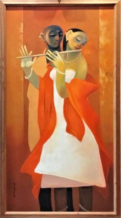 Couple, huile sur toile, rouge, orange, de l'artiste indien contemporain en stock