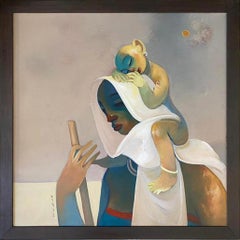 Mère et enfant, acrylique sur toile d'un artiste indien contemporain, en stock