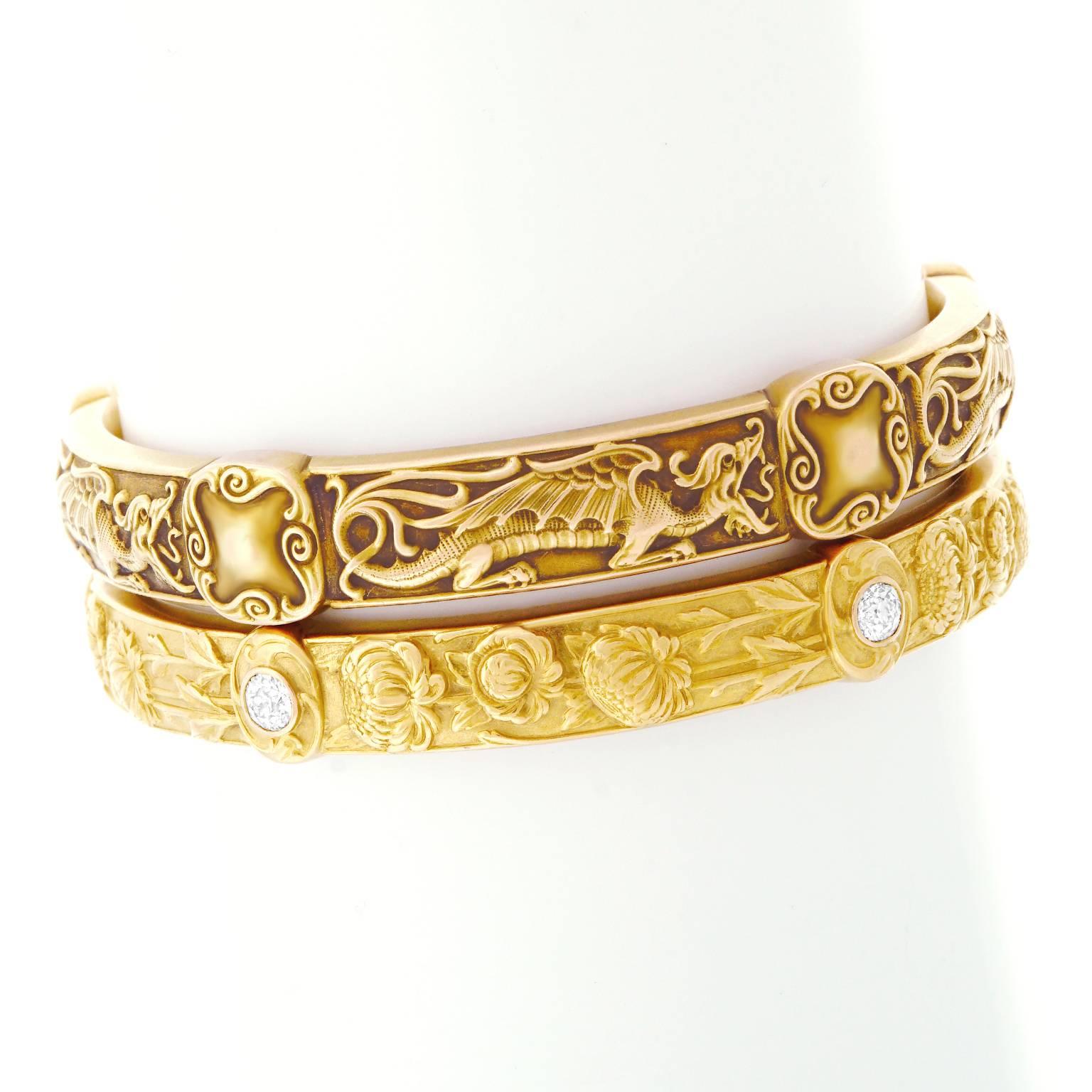 Riker Brothers Art Nouveau Pair of Gold Bangles For Sale 1