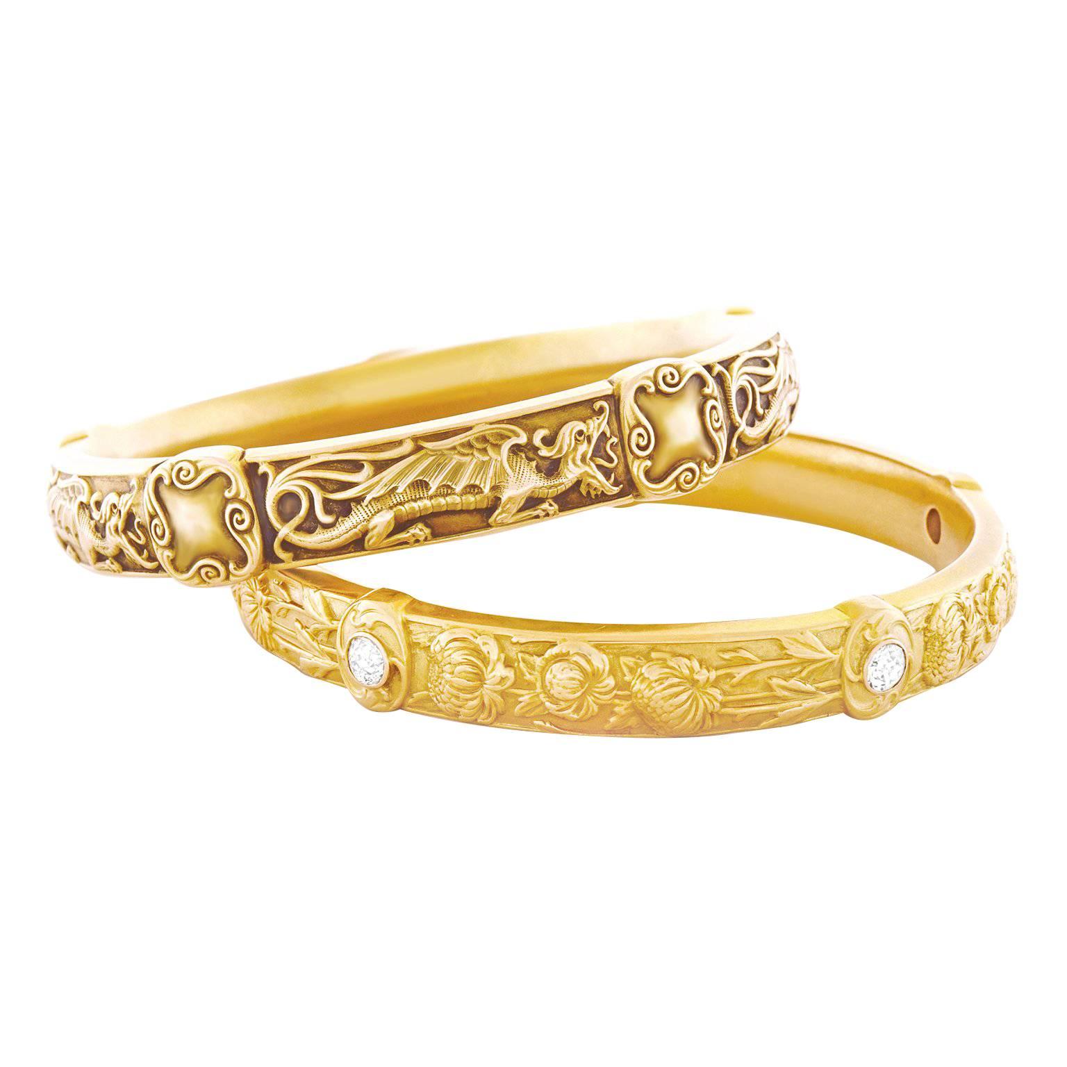Riker Brothers Art Nouveau Pair of Gold Bangles For Sale