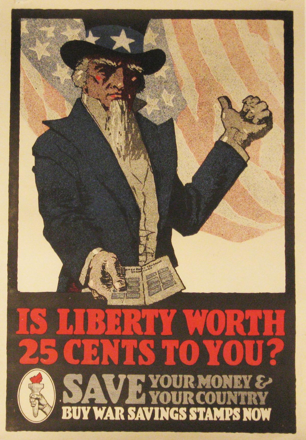 Artist: Unknown

Date of Origin: circa 1917

Medium: Original Stone Lithograph Vintage Poster

Size: 24″ x 41”

 

Woodblock style poster for War Savings Stamps to help the United States war effort depicting the classic Uncle Sam. American one sheet