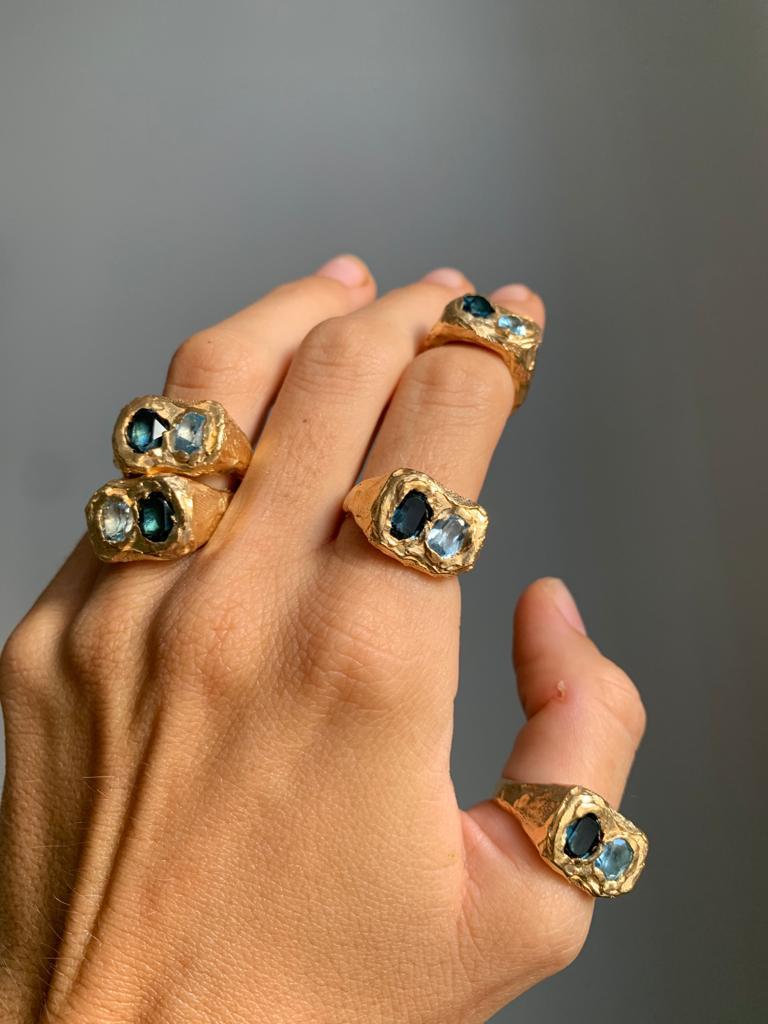 Handmade gold plated organic shaped ring with faceted topaz stones. Handcrafted in Valencia, Spain by Simuero. ﻿Stamped ﻿925.

Material: 18k gold plate, sterling silver, topaz.

