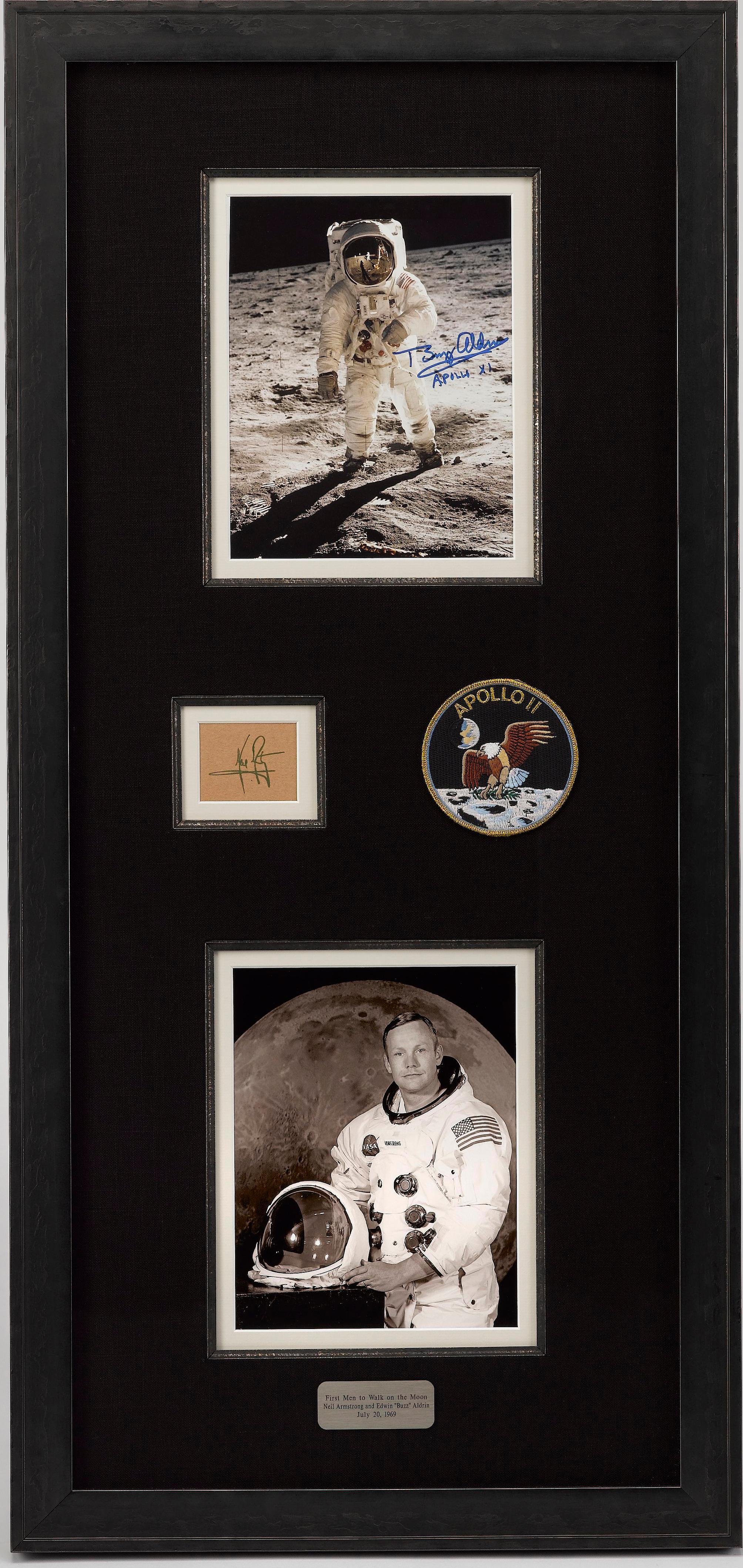 Presented is an exclusive Apollo 11 Signature Collage. The celebratory and collectible collage is composed of a Sea of Tranquility photograph signed by astronaut Buzz Aldrin, a signed Neil Armstrong cut signature, and a Apollo 11 mission patch.

In