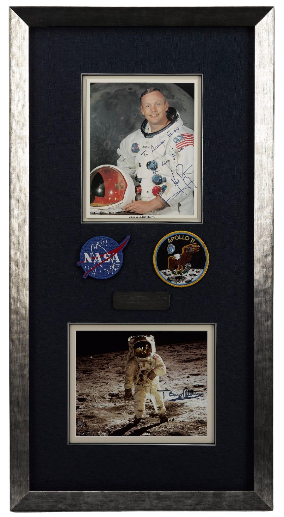 Presented is an exclusive Apollo 11 Signature Collage. The celebratory and collectible collage is composed of a Sea of Tranquility photograph signed by astronaut Buzz Aldrin, a signed and inscribed Neil Armstrong official NASA lithograph, and a NASA