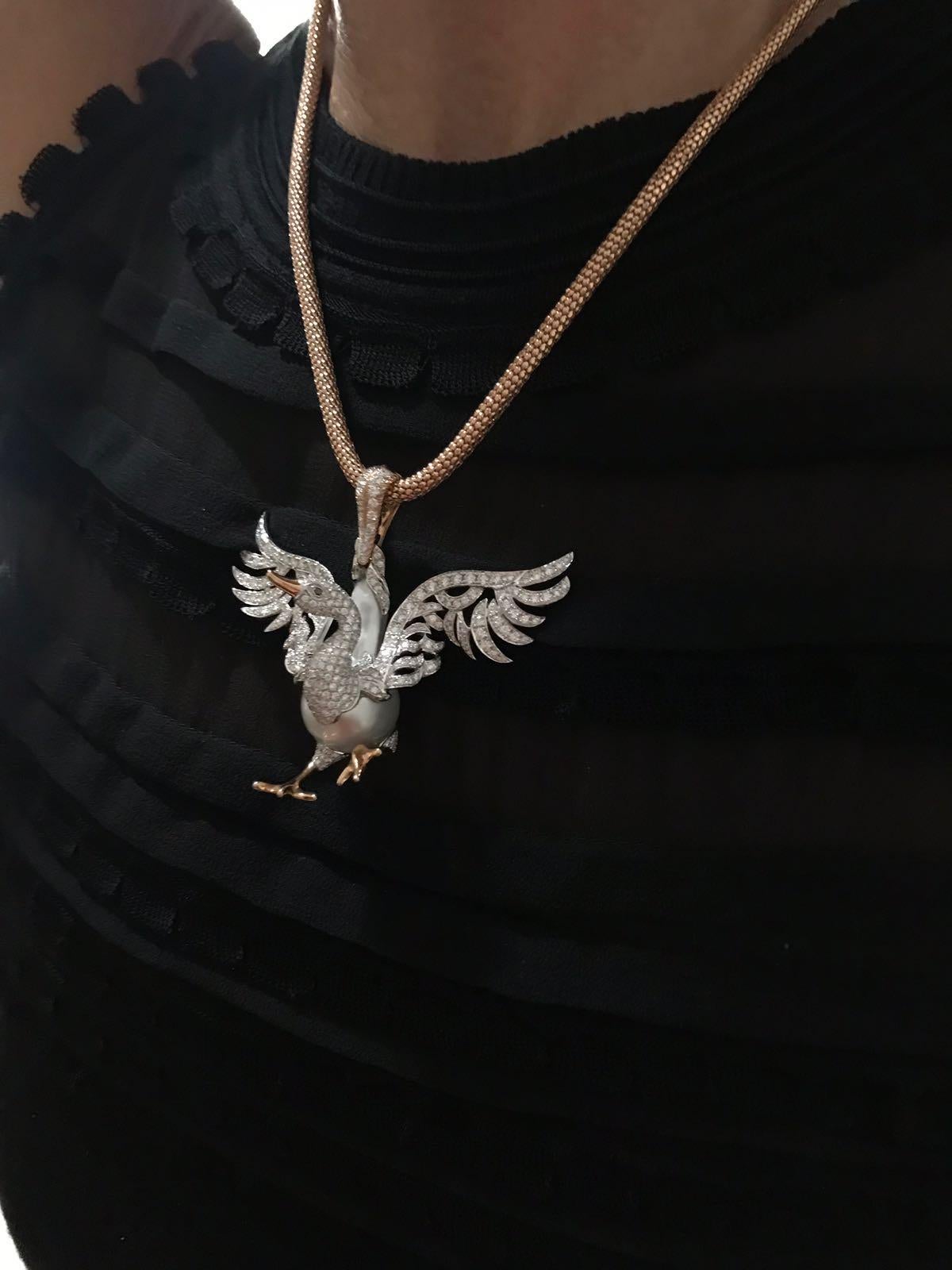 Contemporary Buzzanca Baroque South Sea Pearl White Diamond Gold Swan Animal Pendant Necklace For Sale