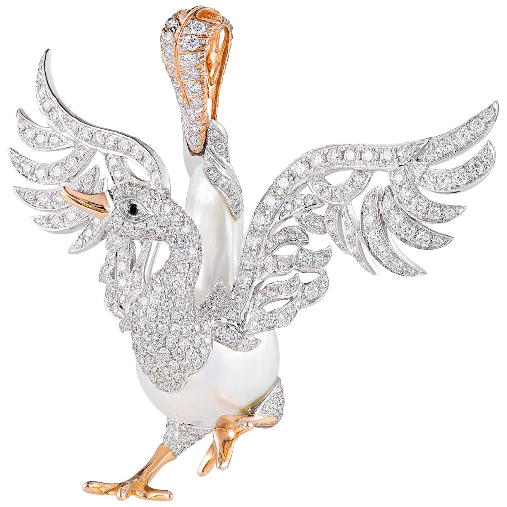 Buzzanca Baroque South Sea Pearl White Diamond Gold Swan Animal Pendant Necklace For Sale