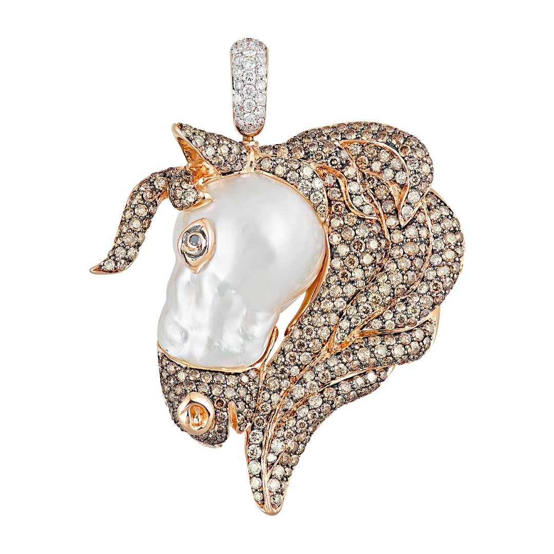 Buzzanca South Sea Baroque Pearl Brown and White Diamond Horse Animal Pendant For Sale