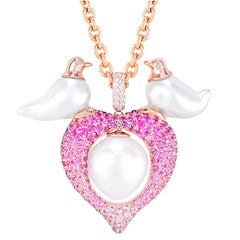 Buzzanca South Sea Pearl Pink Blue Sapphire White Diamond Bird Pendent Necklace