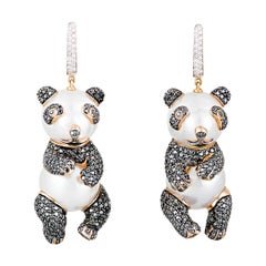 Buzzanca South Sea Pearl Back Diamond Chinese Panda Bear Animal Gold Earrings
