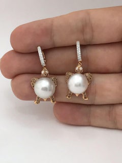 Buzzanca South Sea Pearl, Brown and White Diamond Turtle Animal Earrings