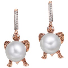 Buzzanca South Sea Pearl, Brown and White Diamond Turtle Animal Earrings