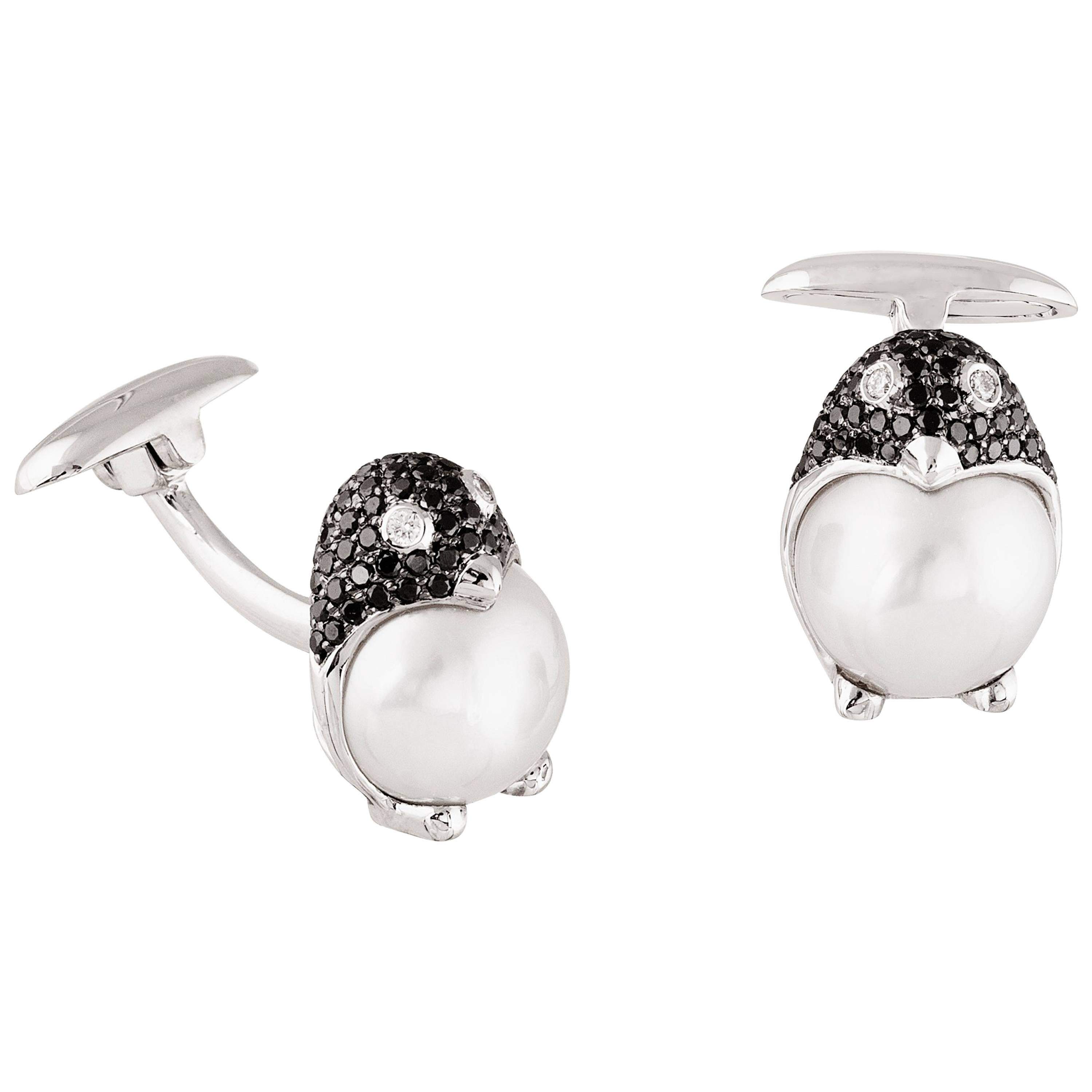 Buzzanca South Sea Pearl Penguin animal Black White Diamond 18K Gold Cufflinks For Sale
