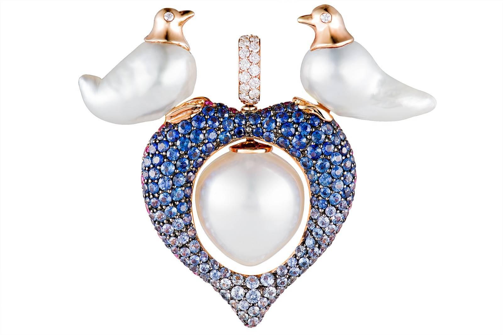 Contemporary Buzzanca South Sea Pearl Pink Blue Sapphire White Diamond Bird Pendent Necklace For Sale