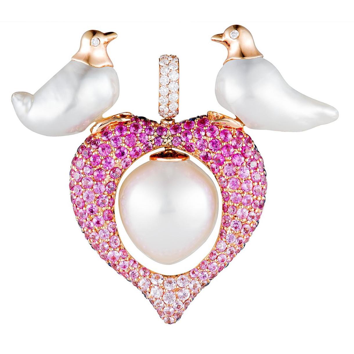 Buzzanca South Sea Pearl Pink Blue Sapphire White Diamond Bird Pendent Necklace For Sale