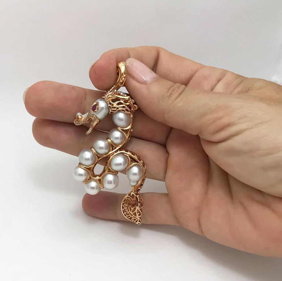 Contemporary Buzzanca South Sea Pearl Ruby Garnet White Diamond Gold Chinese Dragon Pendant For Sale