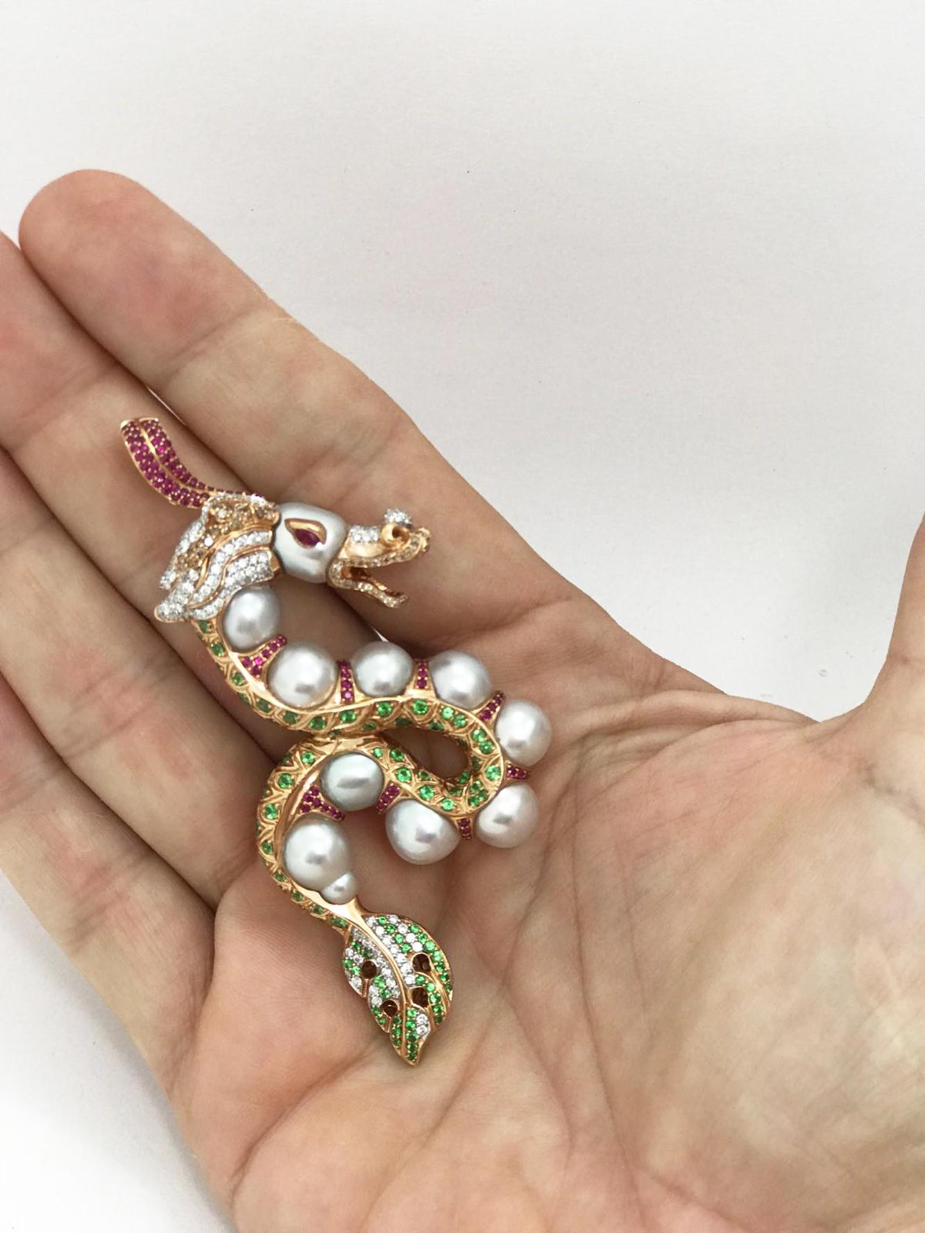 Buzzanca South Sea Pearl Ruby Garnet White Diamond Gold Chinese Dragon Pendant In New Condition For Sale In Bangkok, TH