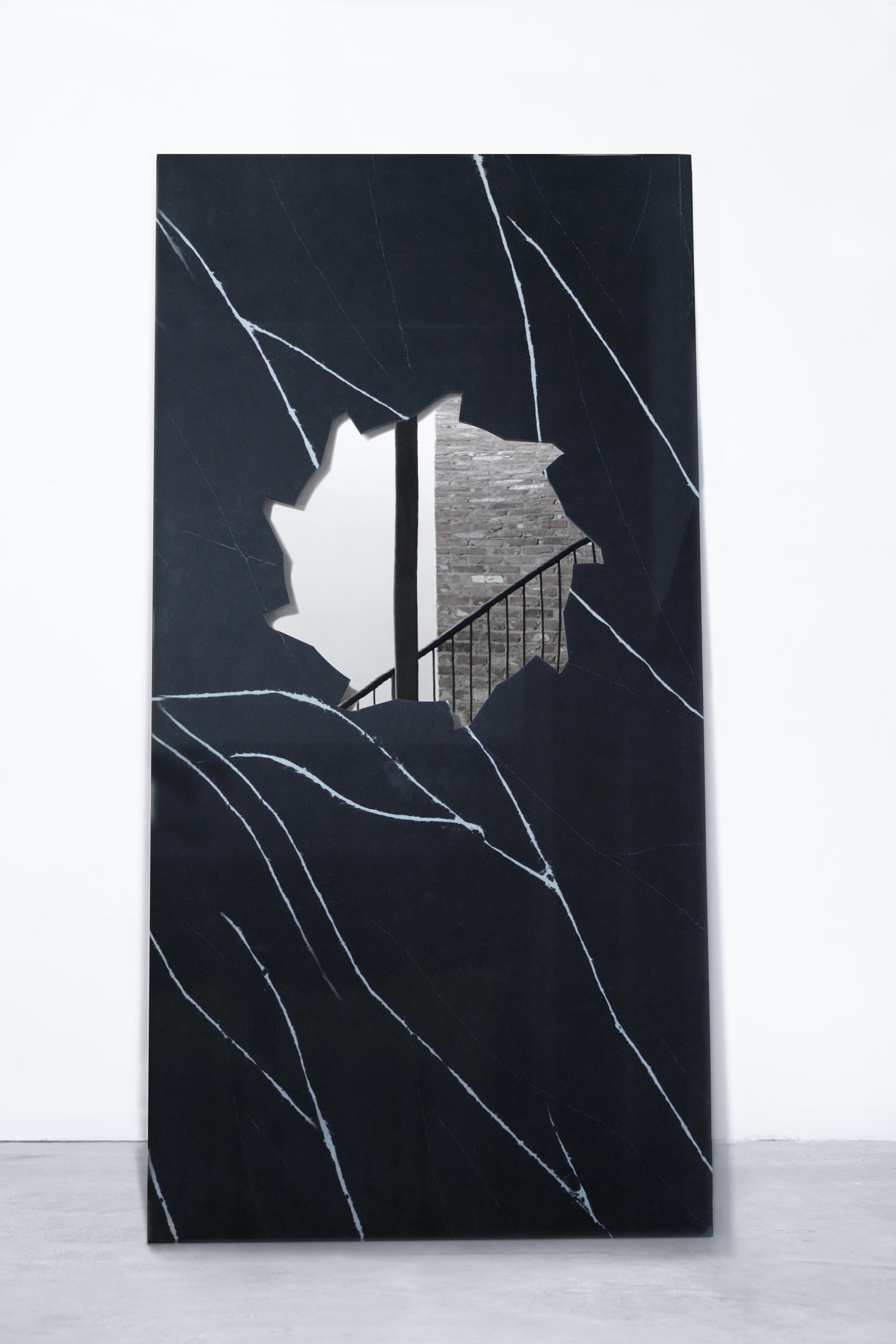Description
Monumental nero marquina marble slab with a waterjet cut buzzsaw relief + mirror inlay.
Lean against a sturdy, flat wall.
Made to order in NYC.

Dimension
Buzzsaw mirror diameter 34.5”
Length 108” 
Width 58” 
Thickness .75”.