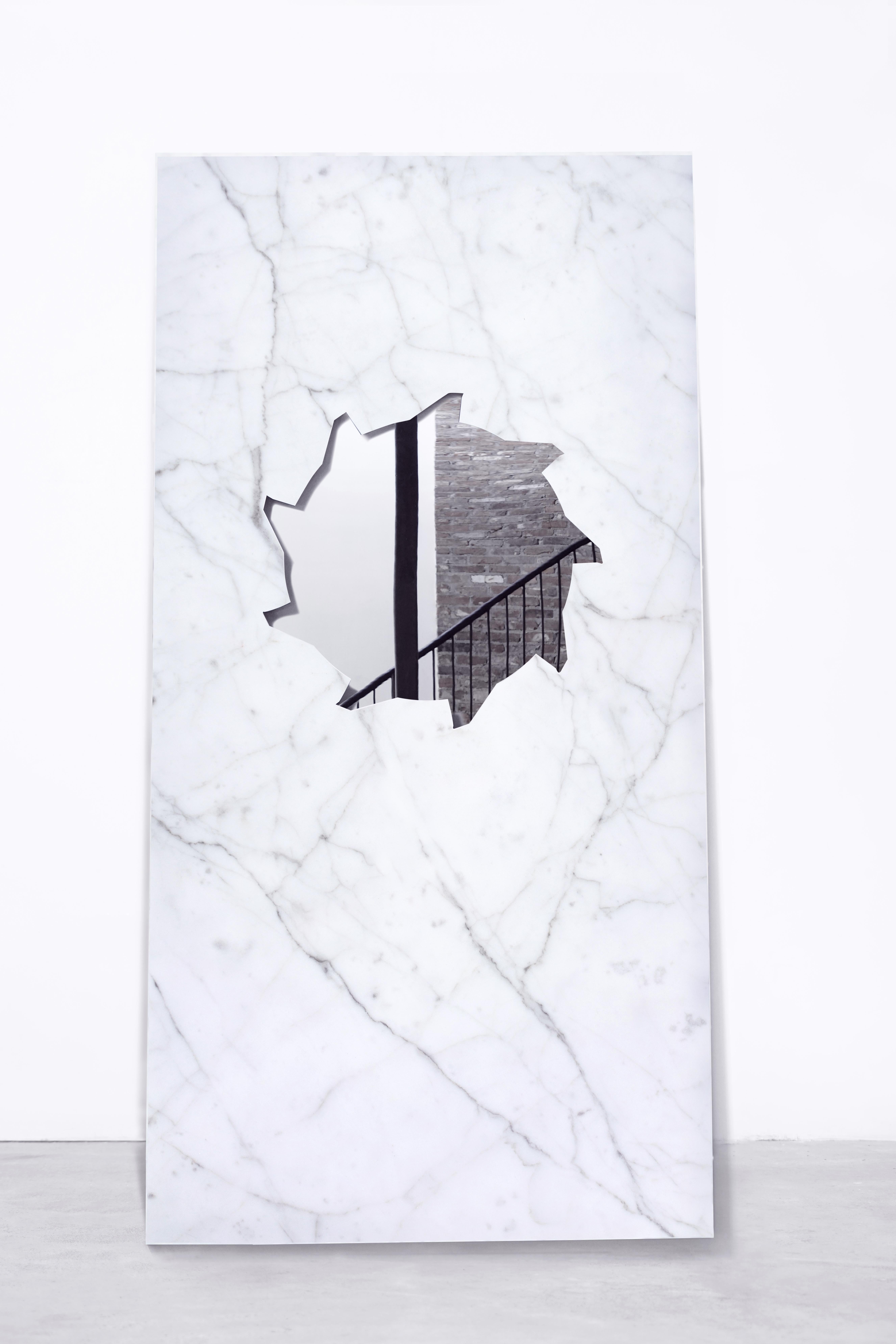 DESCRIPTION
Monumental carrara marble slab with a waterjet cut buzzsaw relief + mirror inlay.
Lean against a sturdy, flat wall.
Made to order in nyc.

DIMENSIONS
Buzzsaw mirror diameter 34.5”
Length 108” 
Width 58” 
Thickness .75”