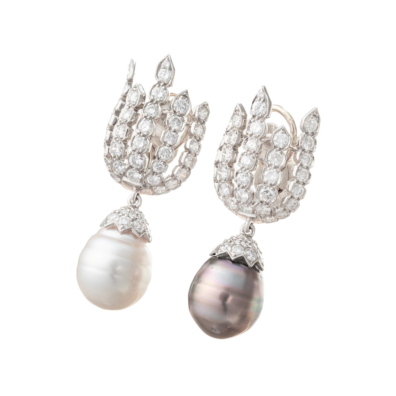 Brilliant Cut Bvcciari Multicolored Pearl Diamond Pendant Earrings For Sale