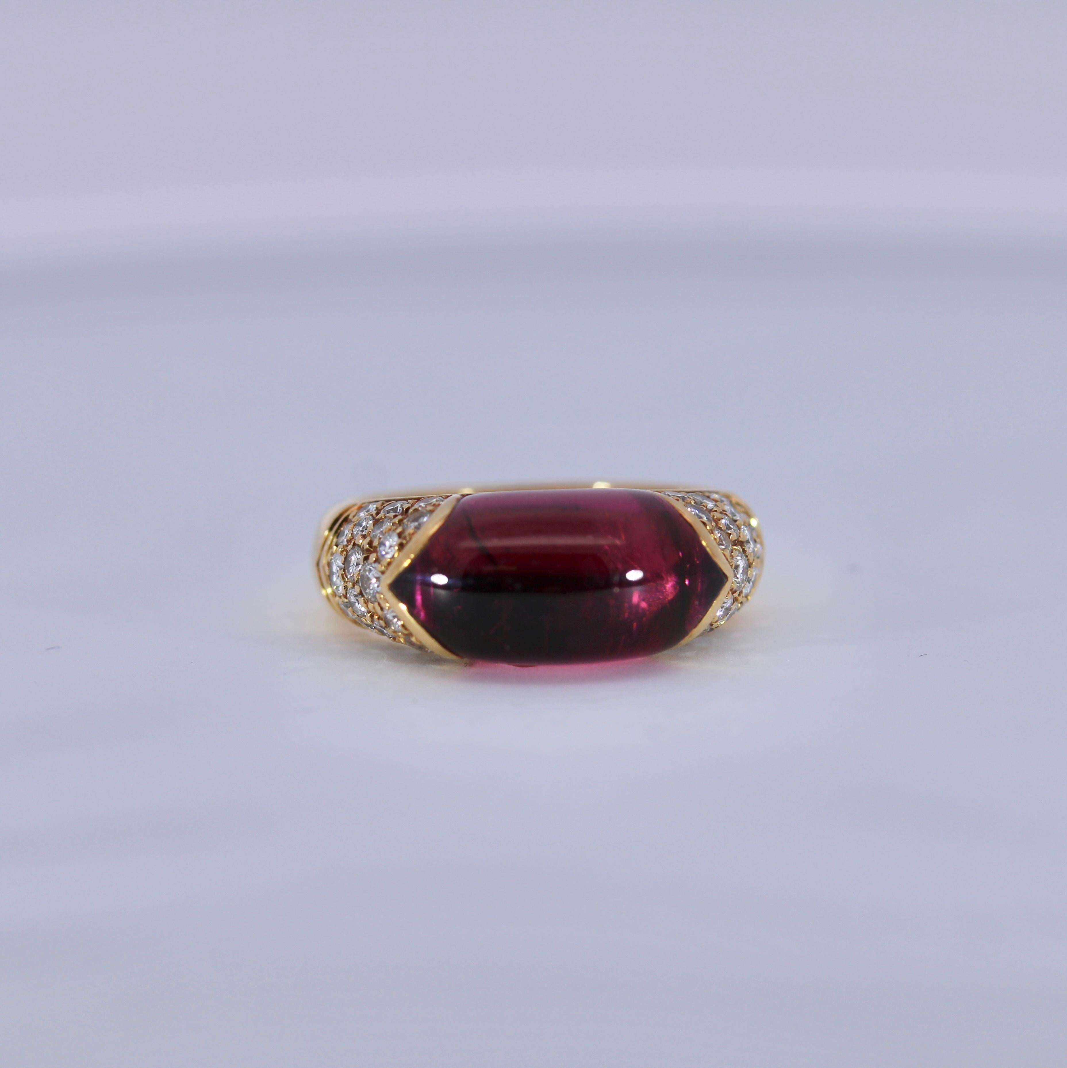 Bvgari Tronchetto 18K Yellow Gold With Three Rows of Diamonds Ring
Size: 5 US ( Resizable)
7.7g
CO: Italy

This designer Bulgari Tronchetto Pink Tourmaline Ring is finished in polished 18 karat yellow gold. 