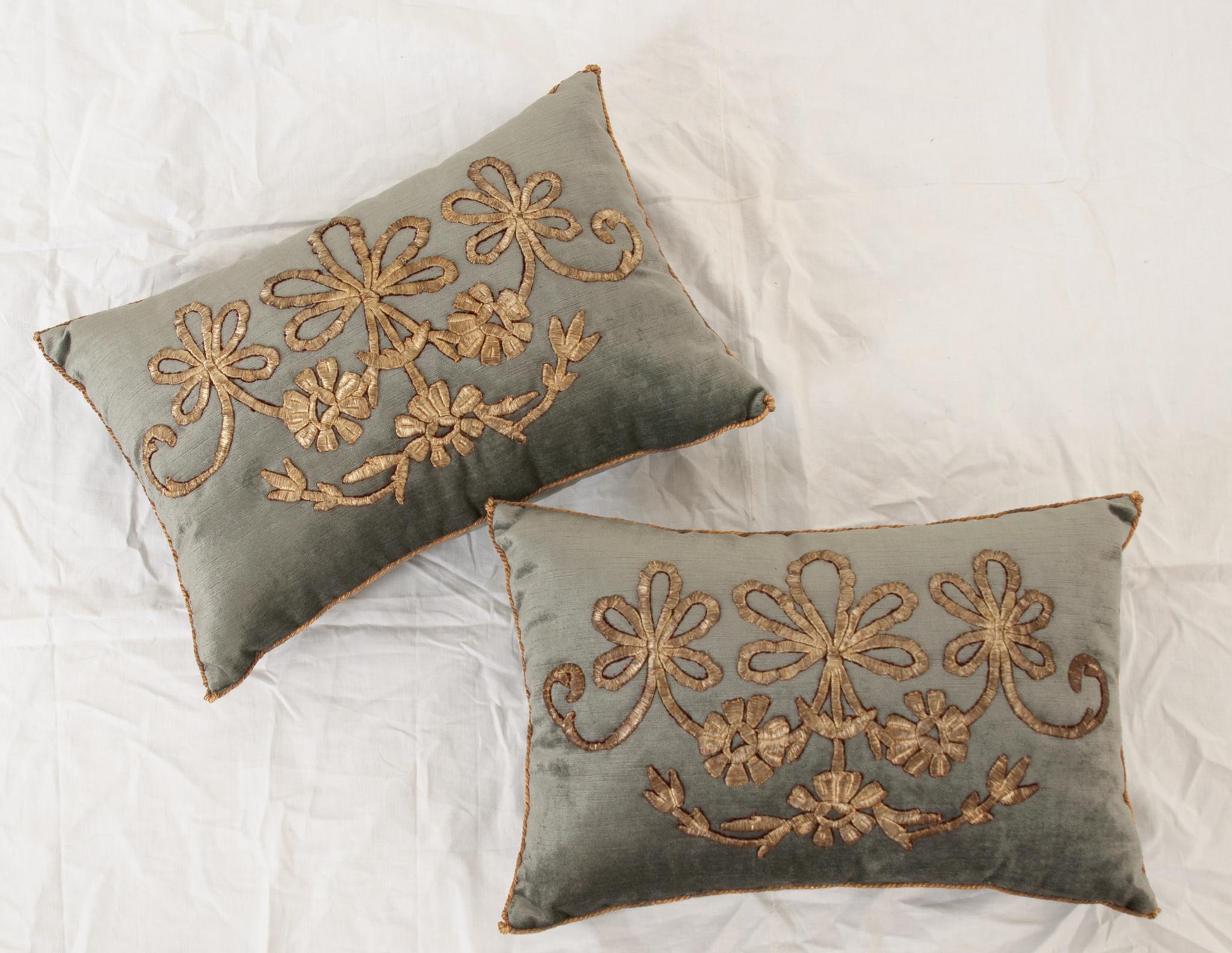 Antique Ottoman Empire raised gold metallic embroidery on slate blue velvet. Hand trimmed with vintage gold metallic cording, knotted in the corners. Designed by Rebecca Vizard for B. Viz Design. Sold as a pair only. Make sure to view the detailed