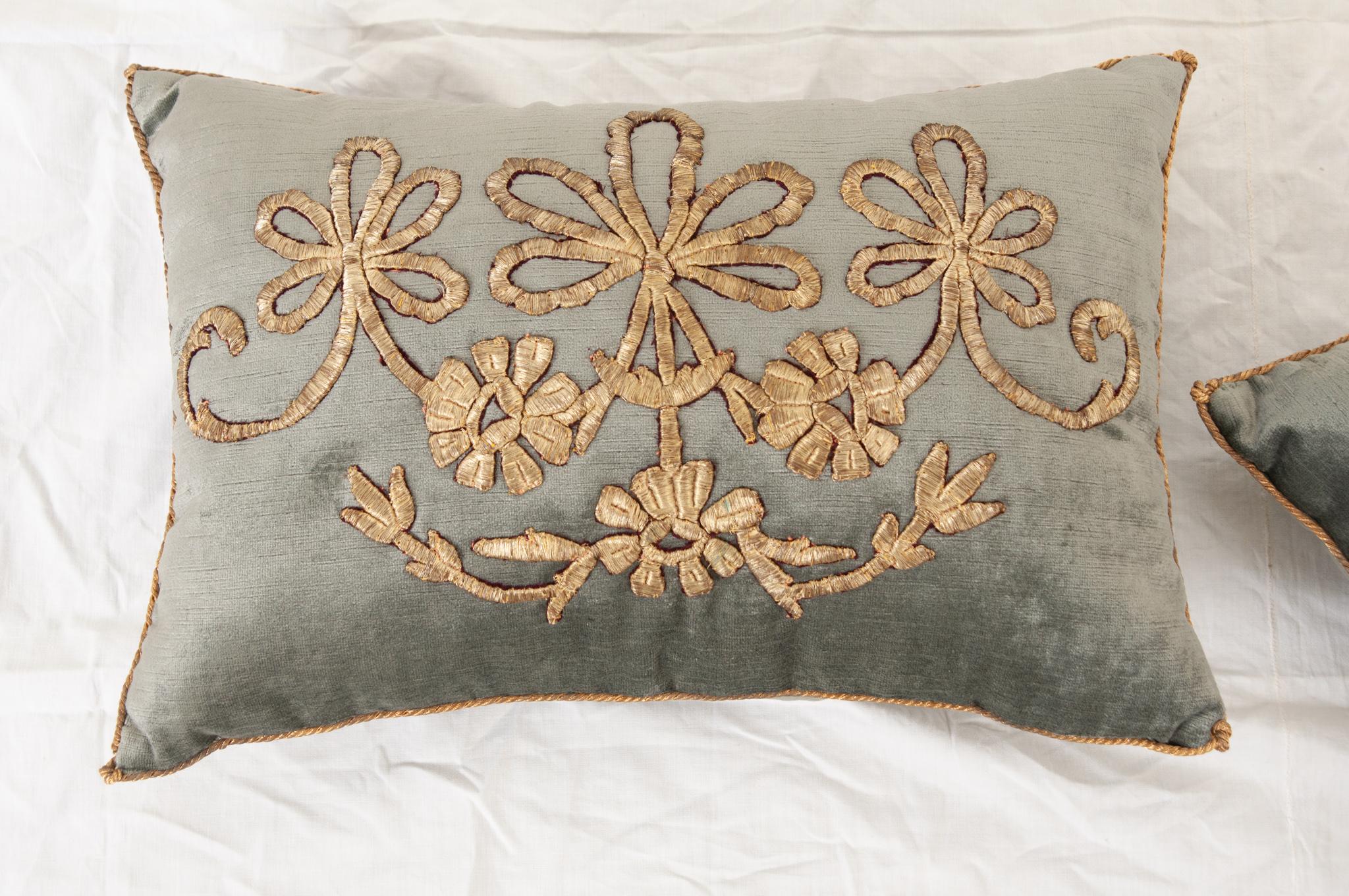 B.VIZ Pair of Antique Raised Metallic Embroidery Pillows In Good Condition For Sale In Baton Rouge, LA