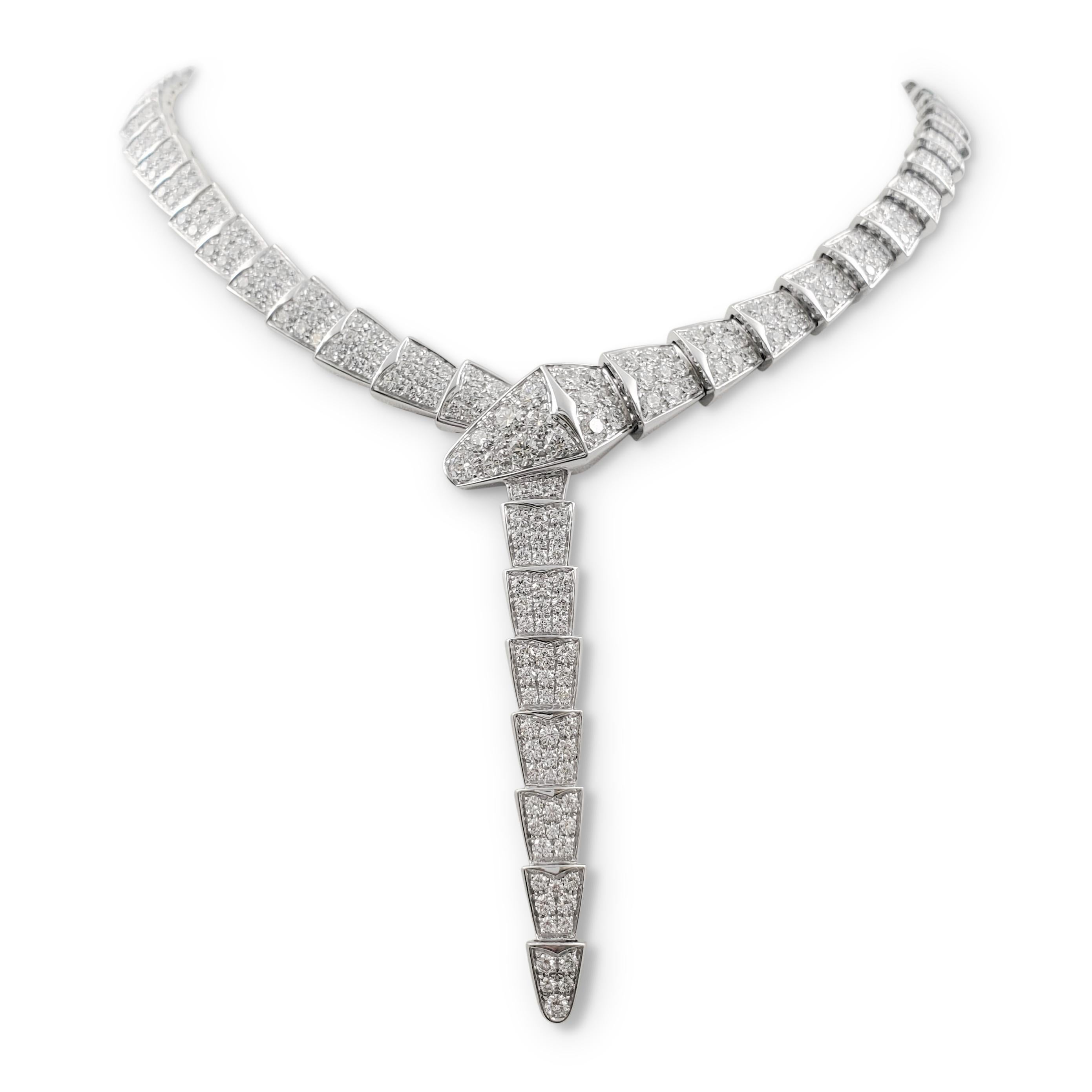 Authentic glamorous Bvlagri 'Serpenti Viper' necklace is a tribute to the house's spirit animal. The hypnotic design is comprised of stacked diamond-set geometric links resembling a snake's scales that coil around the neck. Crafted in 18 karat white