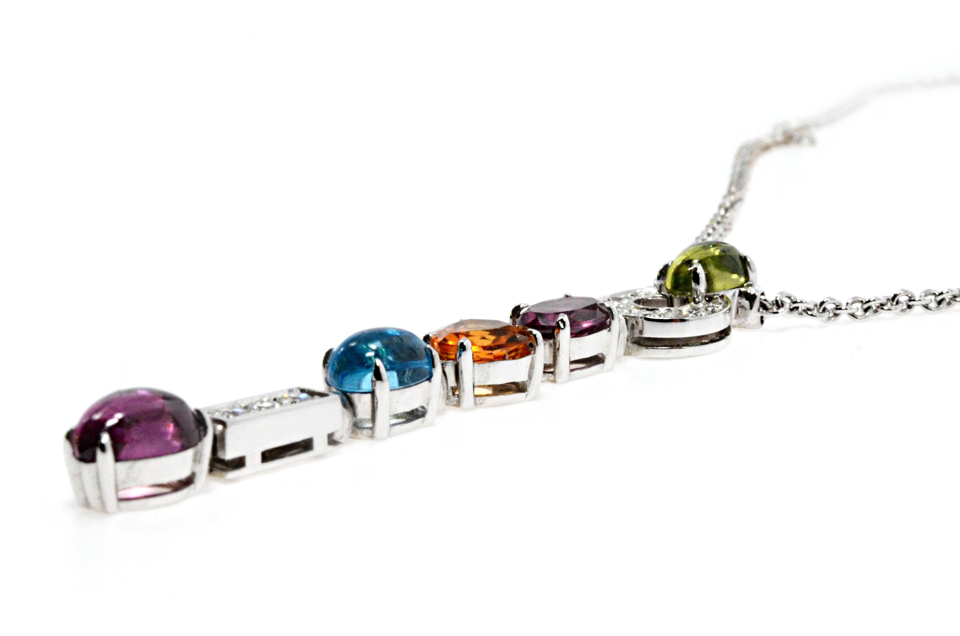 18K white gold Bvlgari Allegra rolo chain necklace with a fixed multistone pendant featuring 0.32 carats of round brilliant diamonds, citrine, peridot, pink and purple tourmaline, and blue topaz, and a lobster clasp closure. 
Length: 17