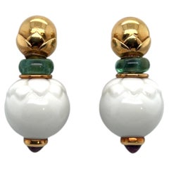Bvlgari 18 Karat Gold, Porcelain and Tourmaline Chandra Ear Pendants, 1990s