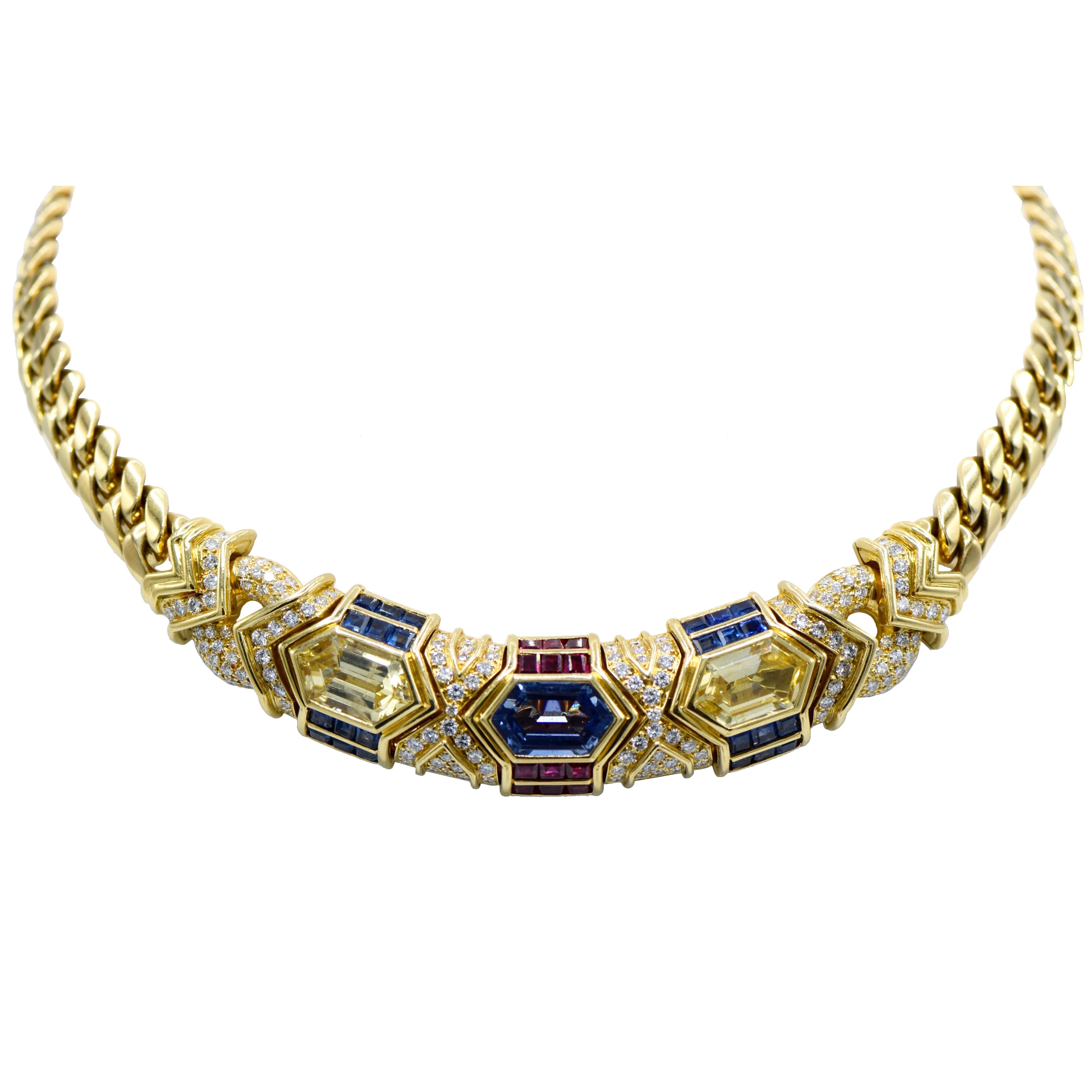 Bvlgari, 18 Karat Gold, Ruby, Sapphire and Diamond Link Necklace