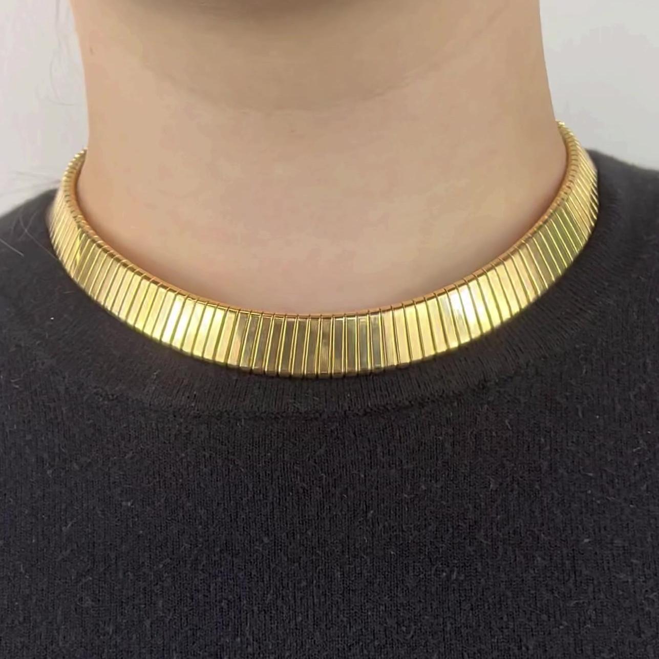 One Bvlgari 18 Karat Gold Tubogas Necklace. Crafted in 18 karat yellow gold, signed Bvlgari with Italian hallmarks. Circa 2010s. The necklace measures 15 1/2 inches in length. 

About this Item: Have you been dreaming about purchasing a classic