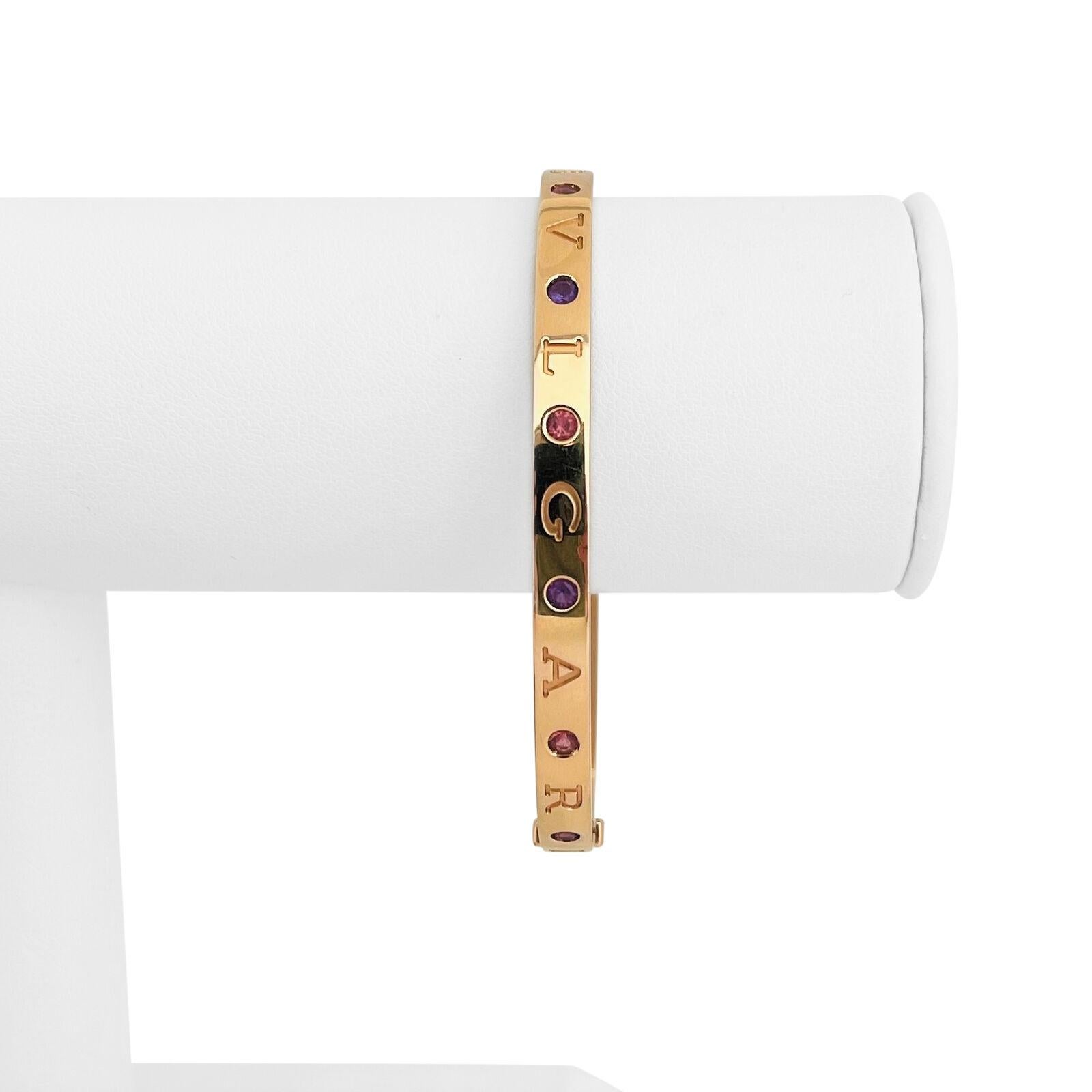 Bvlgari 18k Rose Gold Amethyst & Pink Tourmaline Bangle Bracelet w/ COA and Box

Condition:  Excellent Condition, Professionally Cleaned and Polished
Metal:  18k Gold (Marked, and Professionally Tested)
Weight:  33.1g
Length:  7.5 Inches Inner