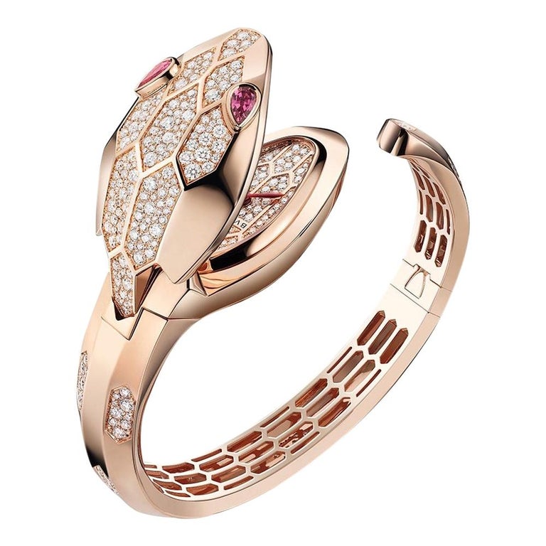 Bvlgari 18 Karat Rose Gold Diamond Serpenti Misteriosi Secret Bracelet Watch For Sale