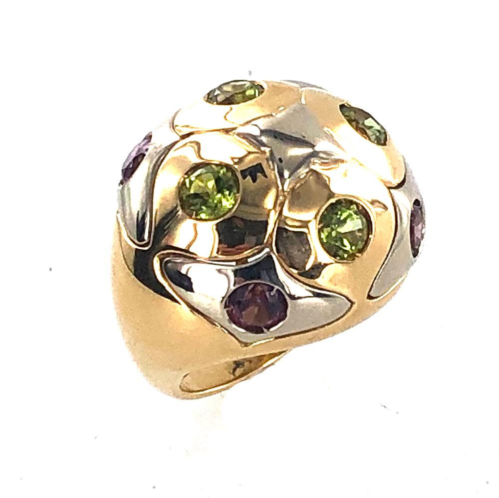 Round Cut Bvlgari 18 Karat Two-Tone Peridot Pink Tourmaline Dome Ring