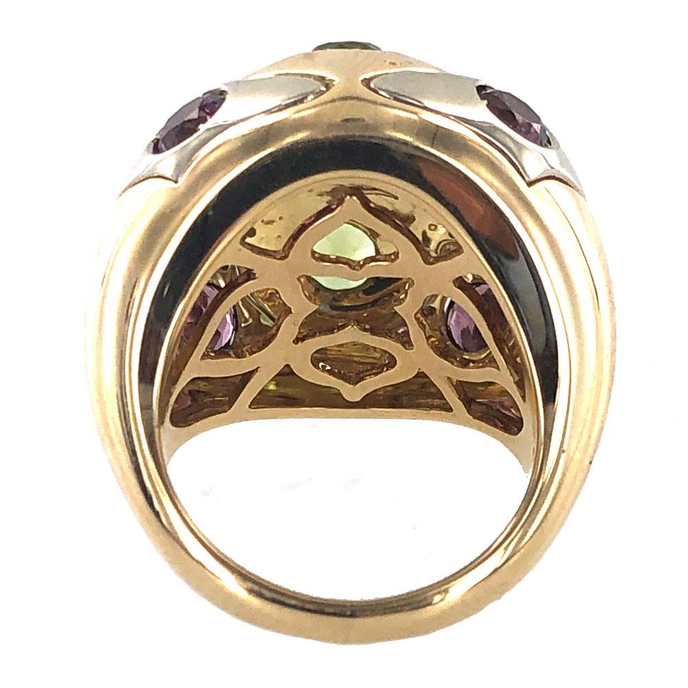 Bvlgari 18 Karat Two-Tone Peridot Pink Tourmaline Dome Ring In New Condition In Boca Raton, FL