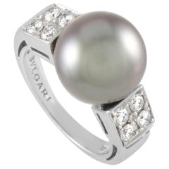 Bvlgari 18 Karat White Gold 0.45 Carat Diamond and Tahitian Pearl Ring