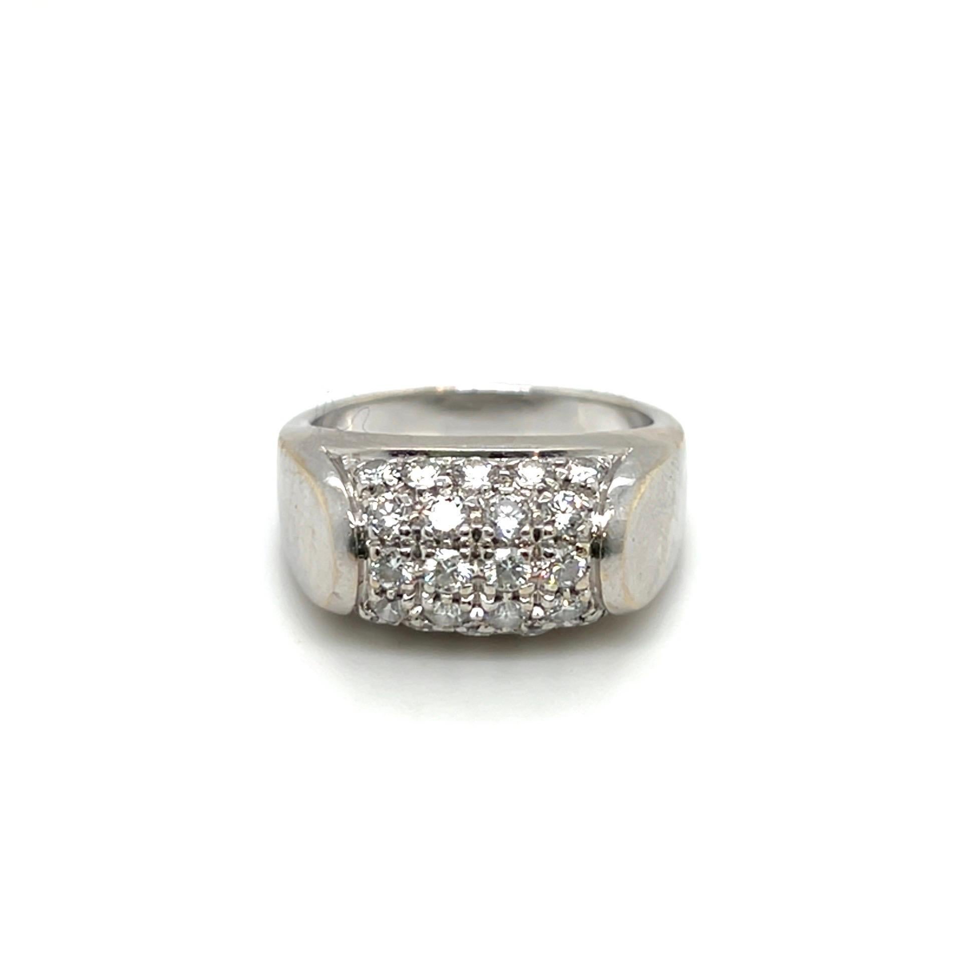 Attractive 18 karat white gold and diamond Tronchetto ring by renowned Italian jewellery brand Bvlgari.

Band ring crafted in 18 karat white gold, the slightly bombé top set with 22 brilliant-cut diamonds totalling circa 0.88 carats.
Bvlgari