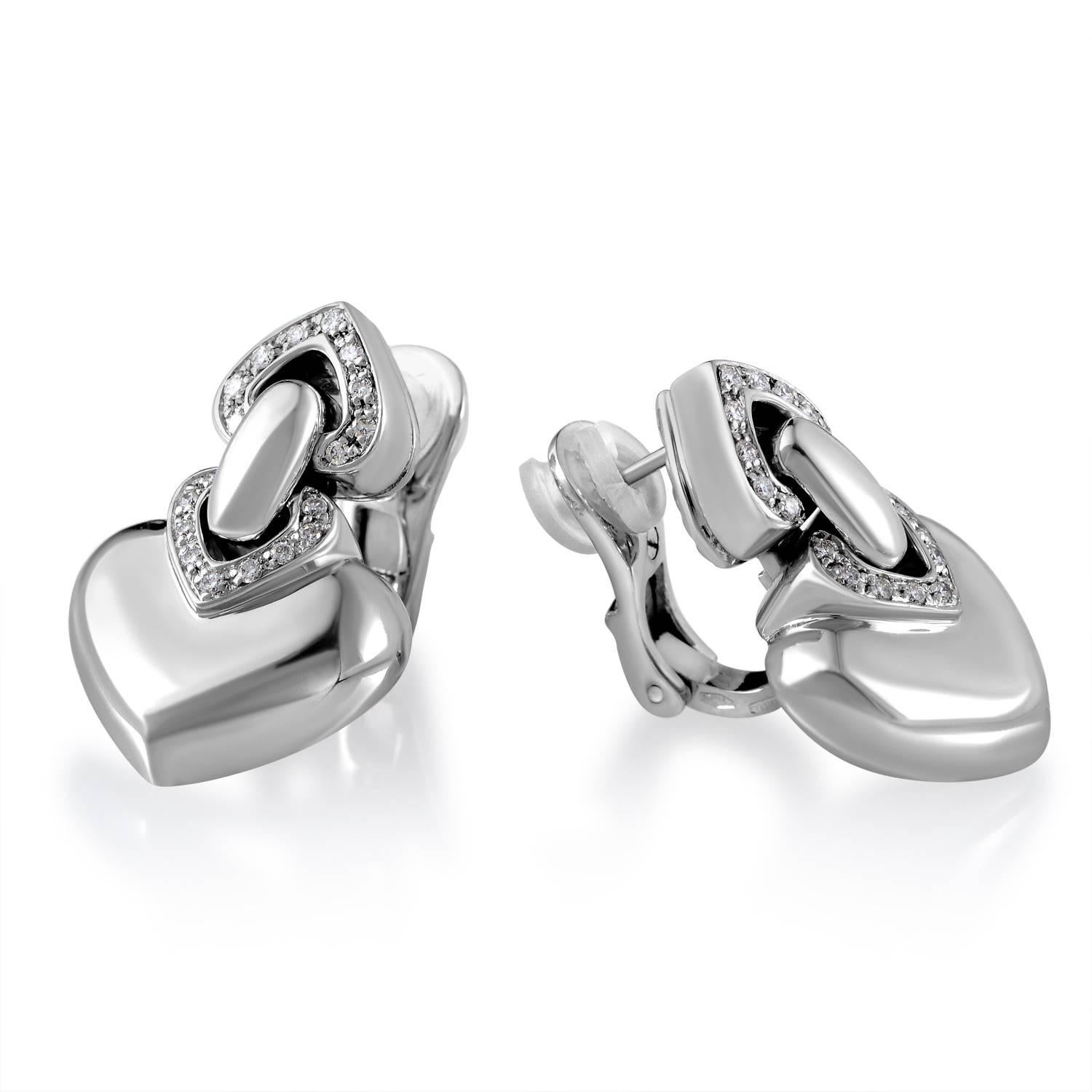 Lovely and chic, these elegant Bvlgari earrings are made of tasteful 18K white gold and boast charming heart-shaped design accentuated with 0.40ct of splendid diamonds for a graceful touch of luxury.<br />Earring Thickness: 4mm