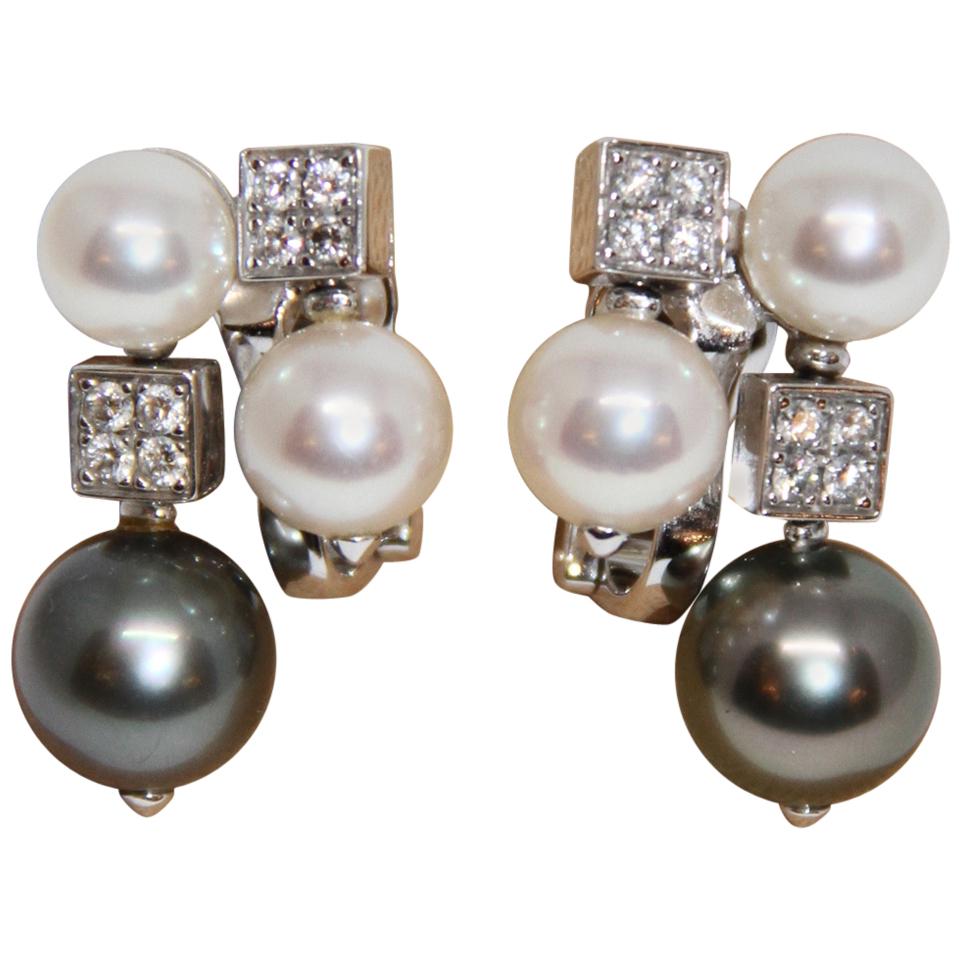 Bvlgari 18 Karat White Gold Lucea Cultured Pearl Diamond Earrings