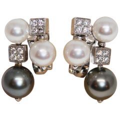 Bvlgari 18 Karat White Gold Lucea Cultured Pearl Diamond Earrings